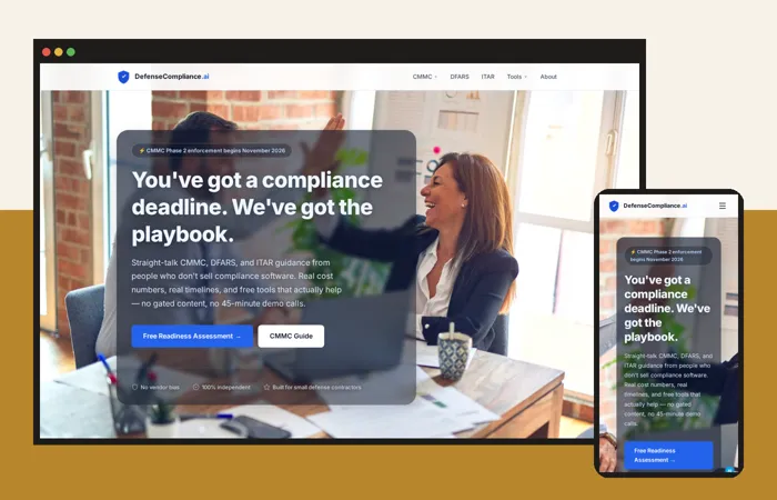 DefenseCompliance.ai website on a laptop screen and a phone