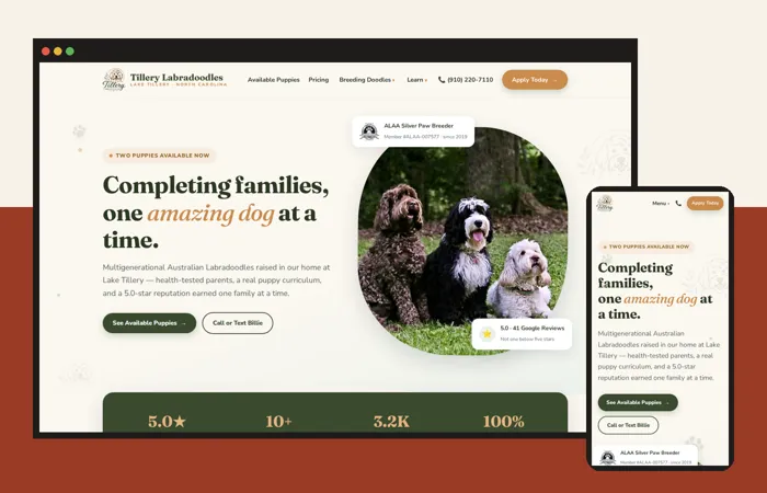Tillery Labradoodles website on a laptop screen and a phone